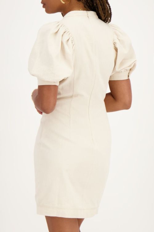 Beige dress with puff sleeves and linen look | My Jewellery
