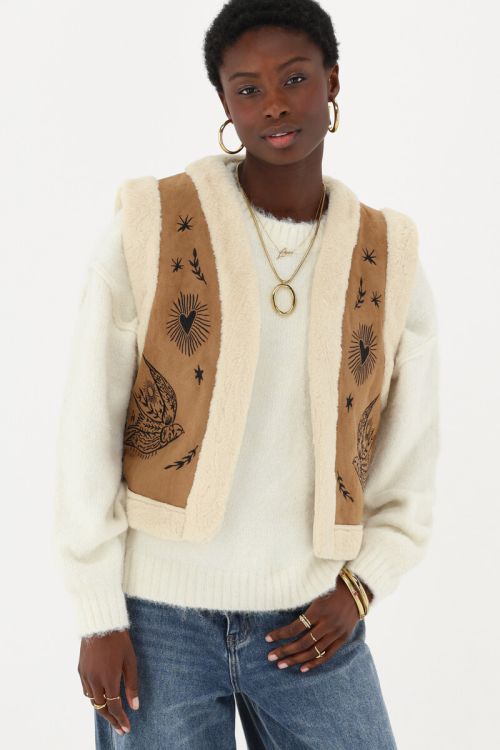 Beige gilet with embroidery in suede look | My Jewellery