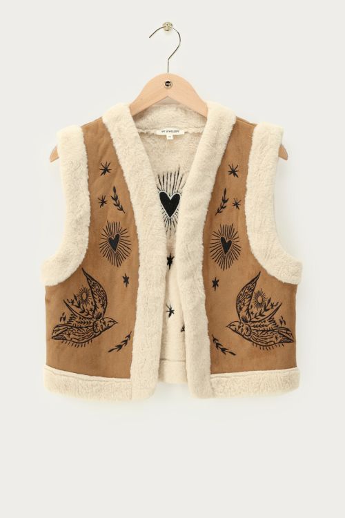Beige gilet with embroidery in suede look | My Jewellery
