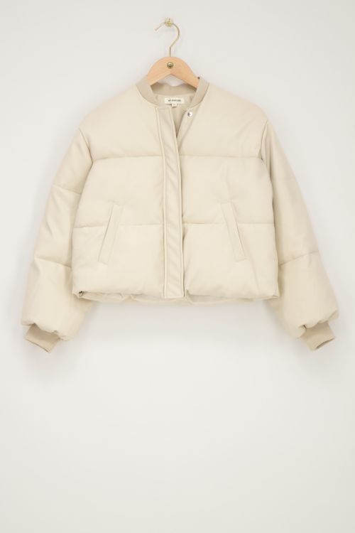 Beige leather look puffer jacket | My Jewellery