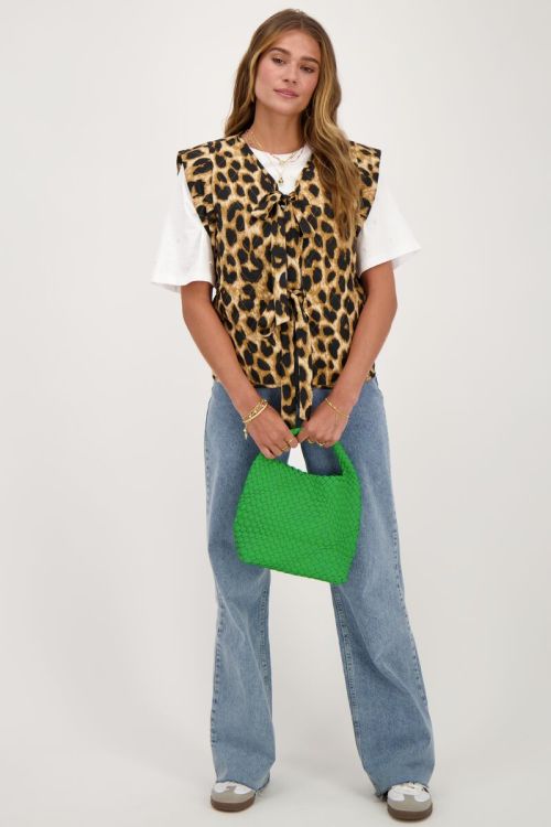 Beige leopard print gilet with bows | My Jewellery