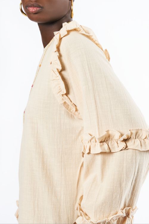 Beige linen look top with ruffles | My Jewellery