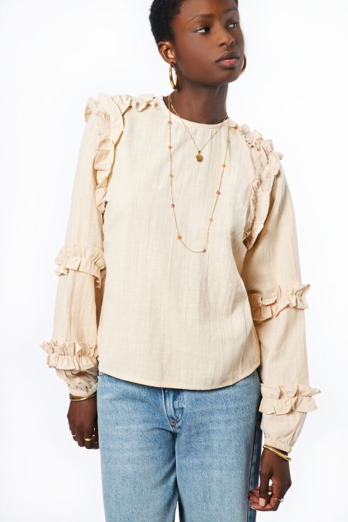 Beige linen look top with ruffles | My Jewellery