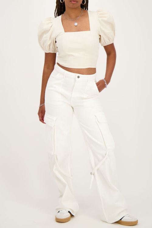 Beige linen look top with puff sleeves  | My Jewellery