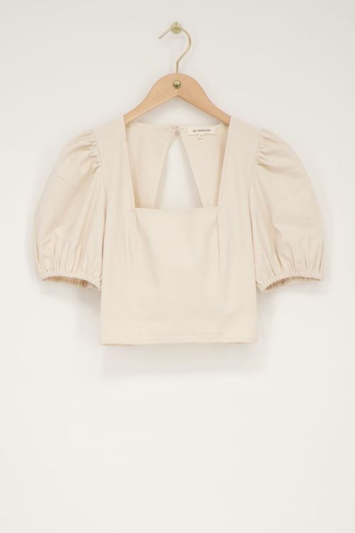 Beige linen look top with puff sleeves  | My Jewellery