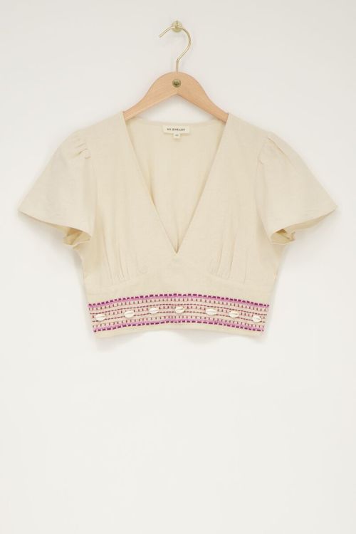 Beige linen look top with scallops  | My Jewellery