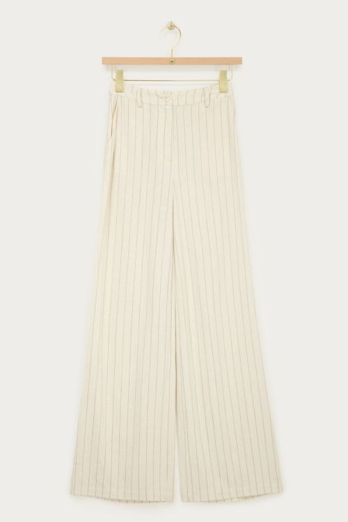 Beige linnen look broek met krijtstrepen