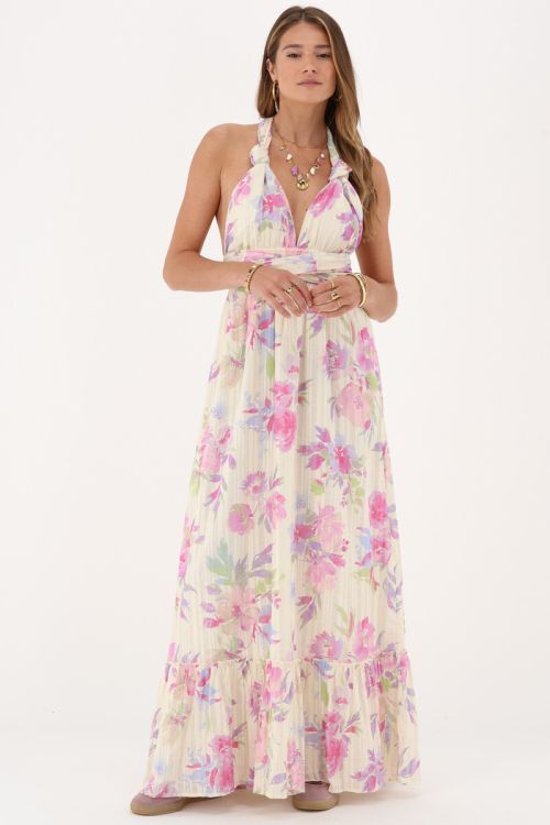 Beige multiway wrap maxi dress with multicolour flowers | My Jewellery