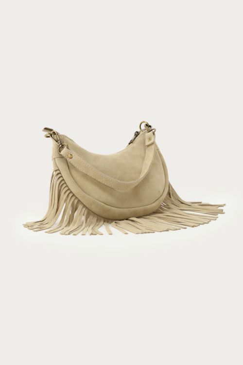 Beige suede shoulder bag with fringes | My Jewellery