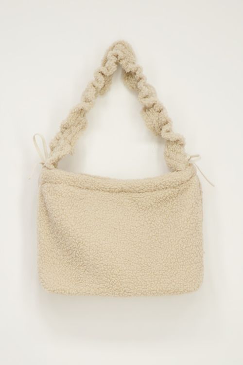 Beige teddy tote bag with ruffle strap | My Jewellery