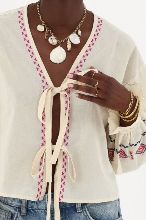 Beige top with bows & embroidery details | My Jewellery