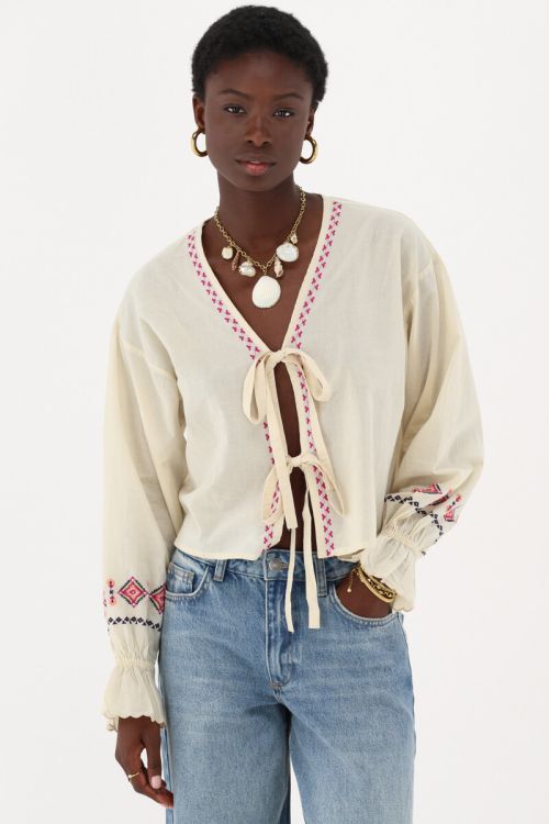 Beige top with bows & embroidery details | My Jewellery