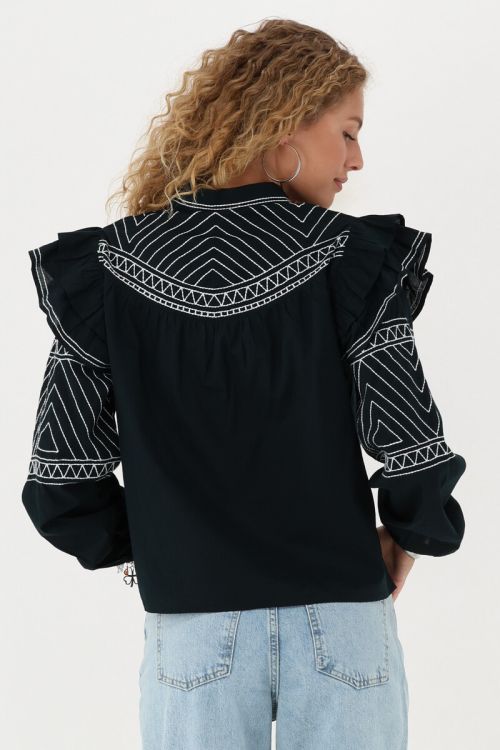 Black blouse with ruffle and embroidery  | My Jewellery