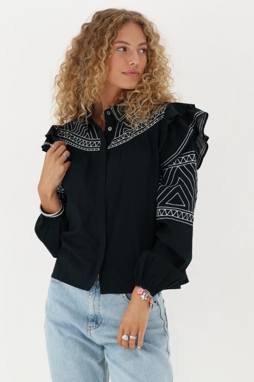 Black blouse with ruffle and embroidery  | My Jewellery