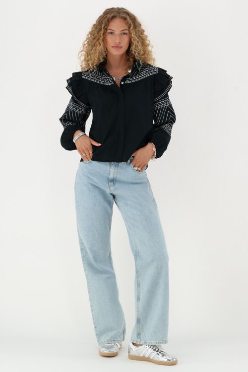 Black blouse with ruffle and embroidery  | My Jewellery