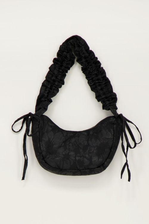 Zwarte jacquard crossbody tas met ruffles