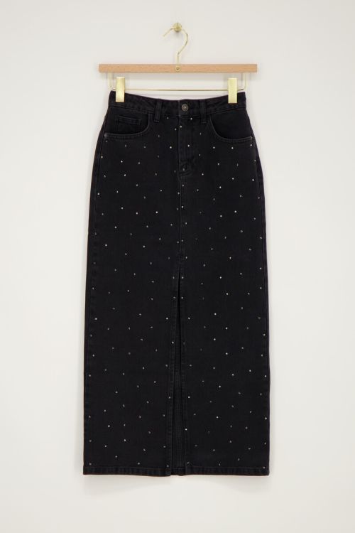 Black denim midi skirt with rhinestones