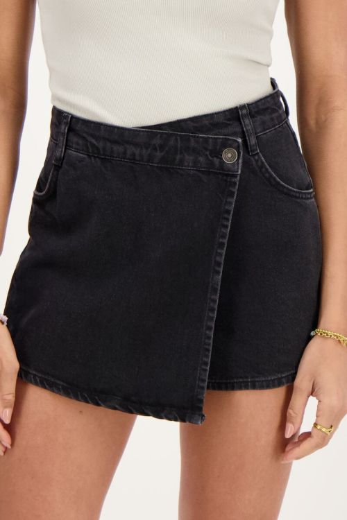 Black denim wrap skort with buttons | My Jewellery