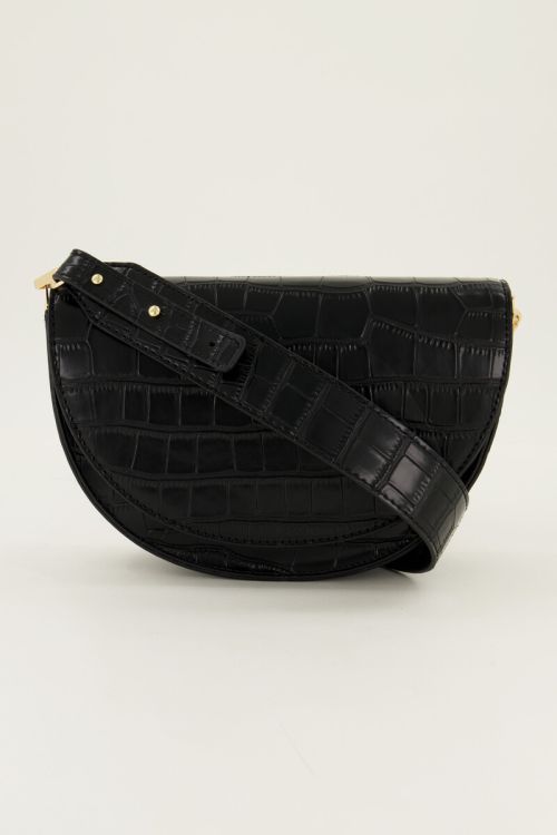 Black half moon crossbody bag with crocodile skin