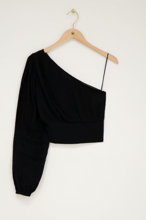 Black one-shoulder top with smock and tapes | My Jewellery