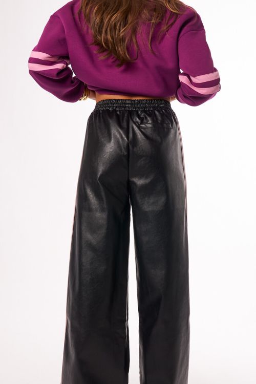 Black PU wide leg trousers with side stripes | My Jewellery