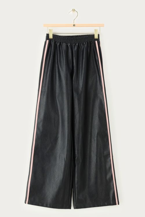 Schwarze PU-Hose mit weitem Bein und Bändern