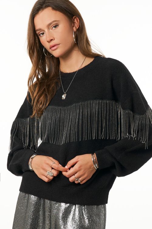 Black sweater with ballchain fringes | My Jewellery