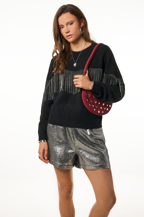 Black sweater with ballchain fringes | My Jewellery
