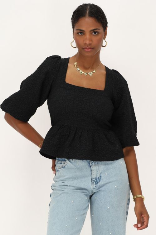 Black top with jacquard and peplum | My Jewellery