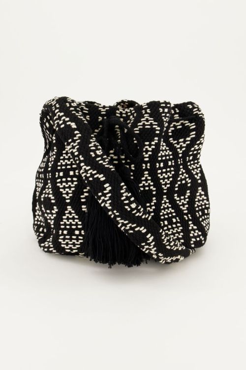 Black and white round shoulder bag with woven Aztec print | My Jewellery