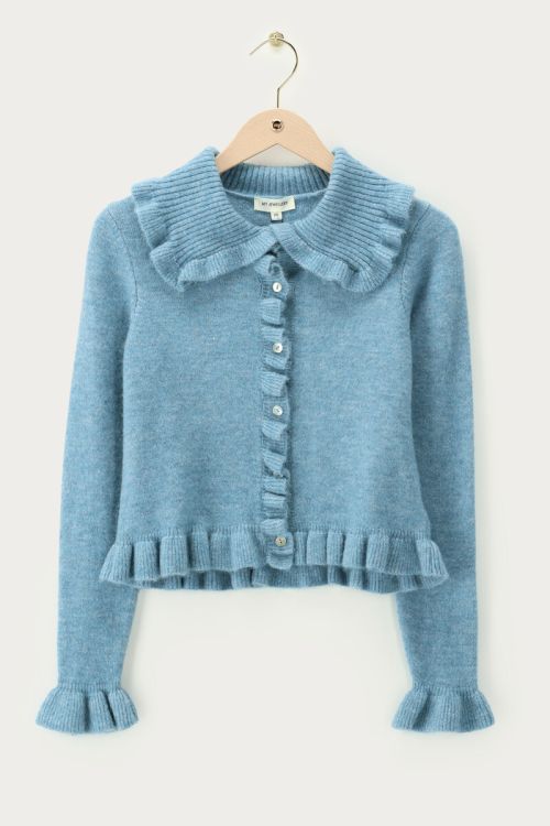 Blue cardigan with ruffle collar | My Jewellery