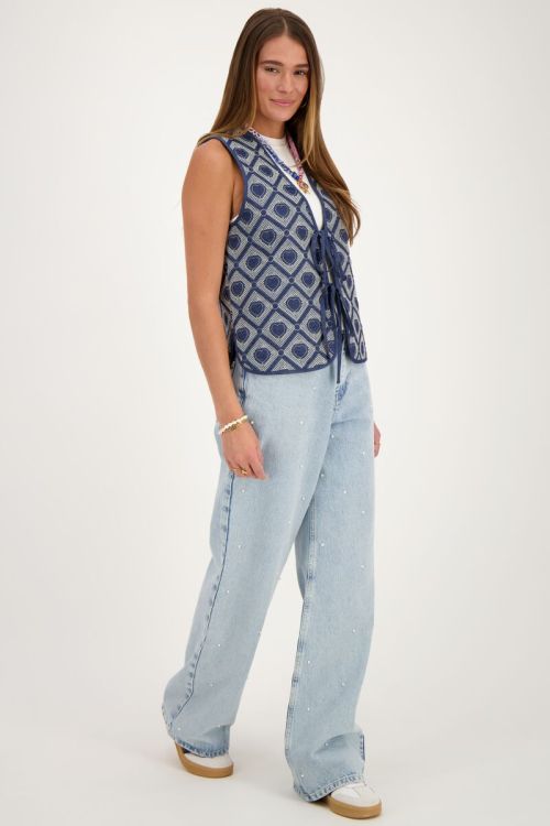 Blue chambray waistcoat with embroidered hearts | My Jewellery