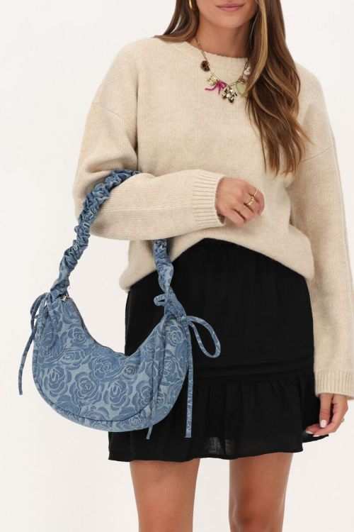 Blue denim ruffled crossbody bag with roses | My Jewellery