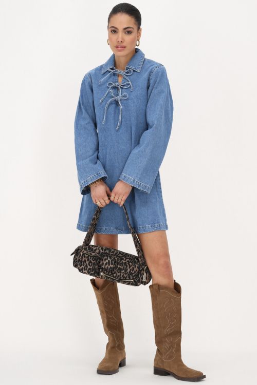 Blue denim dress with flared sleeves and bows | My Jewellery