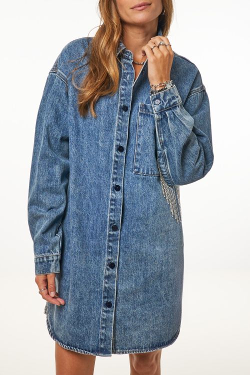 Blue denim dress with rhinestone trims | My Jewellery