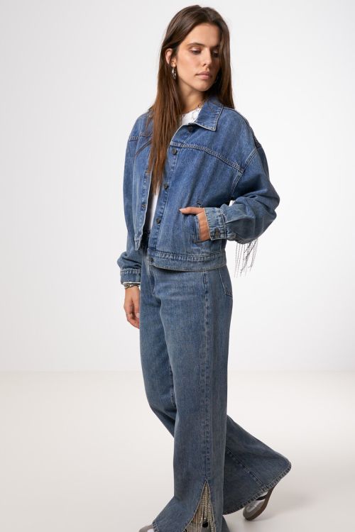 Blue denim jacket with glitter fringes | My Jewellery
