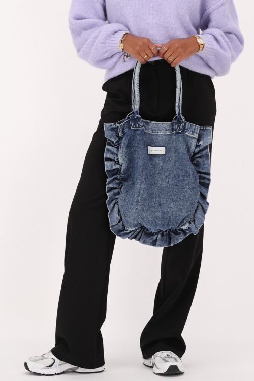 Shopper aus blauem Denim mit Rüschen