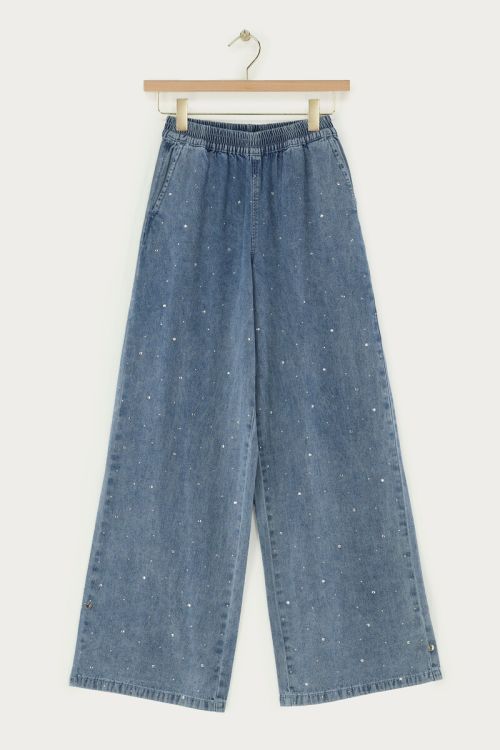Blauwe denim wijde broek met elastische band en strass