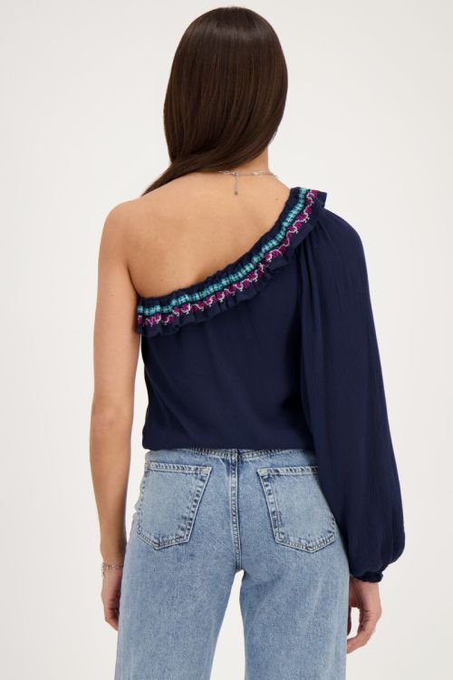 Dark blue one-shoulder top with multicoloured embroidery | My Jewellery