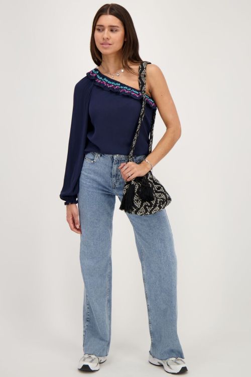 Dark blue one-shoulder top with multicoloured embroidery | My Jewellery