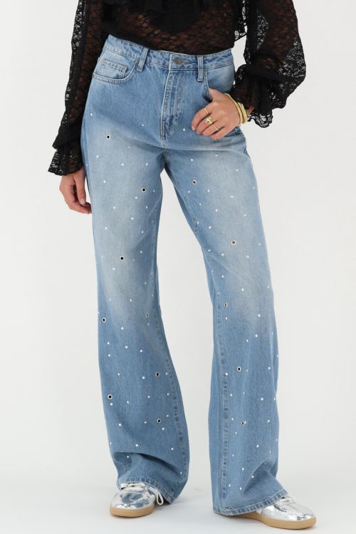 Blue wide leg jeans with eyelets & studs | My Jewellery