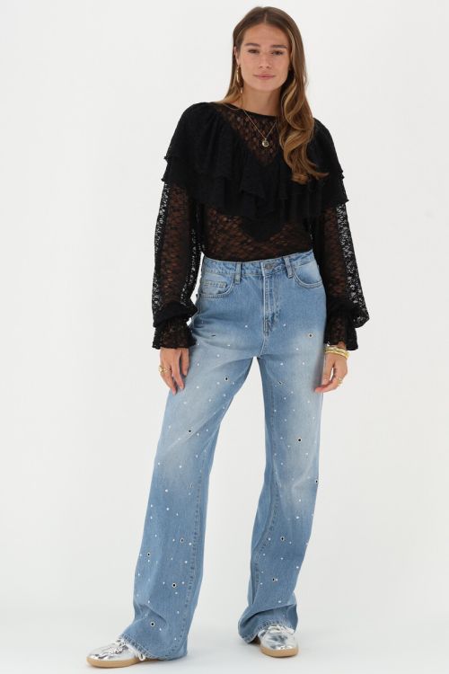 Blue wide leg jeans with eyelets & studs | My Jewellery