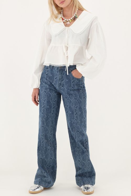 Blue wide leg jeans with snake print | My Jewellery
