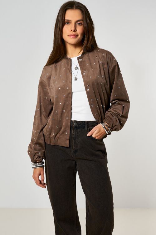Brown bomber in suede look with studs | My Jewellery