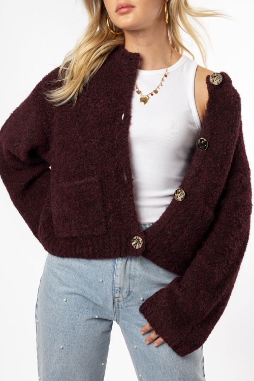 Brown bouclé cardigan with buttons and pockets | My Jewellery