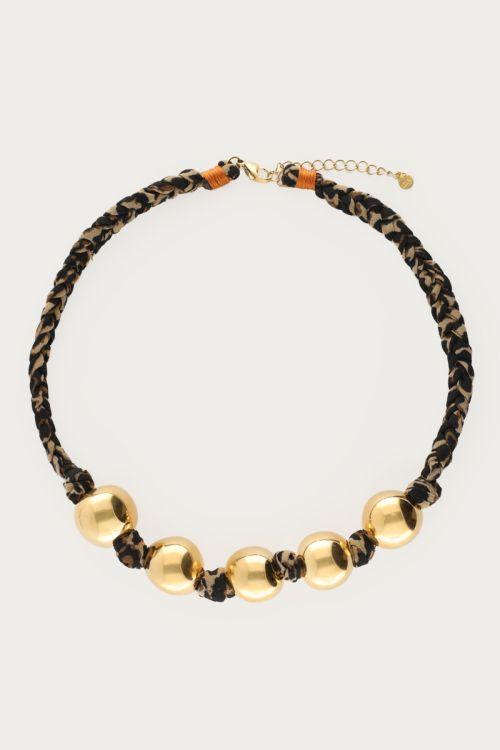 Brown braided leopard print necklace with chunky spheres | My Jewellery