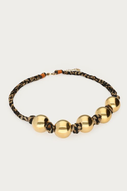 Brown braided leopard print necklace with chunky spheres | My Jewellery