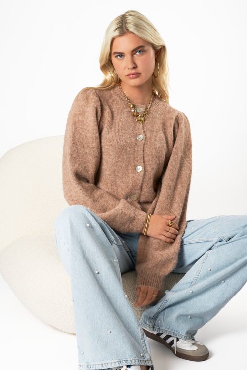 Brown cardigan with buttons and puff sleeves | My Jewellery