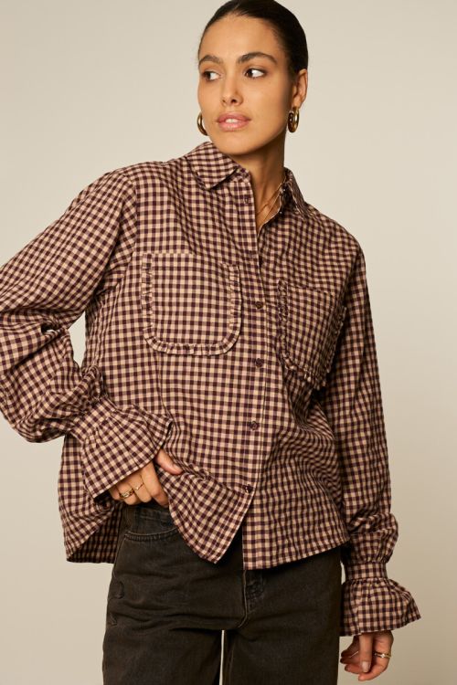 Brown plaid blouse with ruffles | My Jewellery