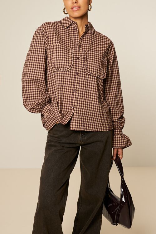 Brown plaid blouse with ruffles | My Jewellery
